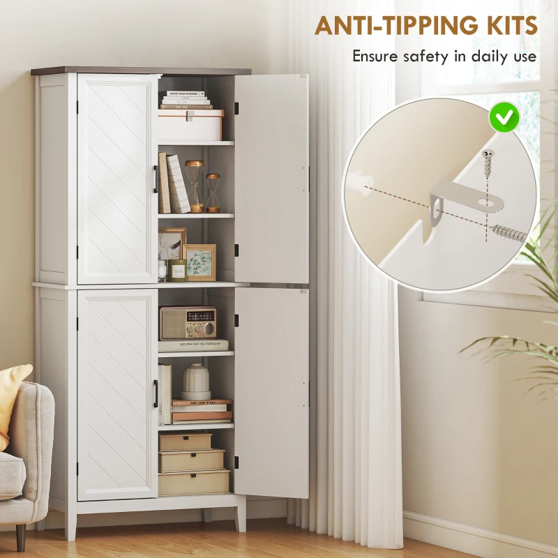 HOMCOM 70" Tall Kitchen Storage Cabinet Modern Farmhouse Pantry Cabinet with 4 Chevron Doors and 4 Adjustable Shelves, White