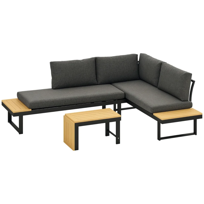 Outsunny 3 Pieces Aluminum Corner Patio Furniture Set Sectional Outdoor Sofa Set with 2 Loveseats Wood-Plastic Coffee Table Grey