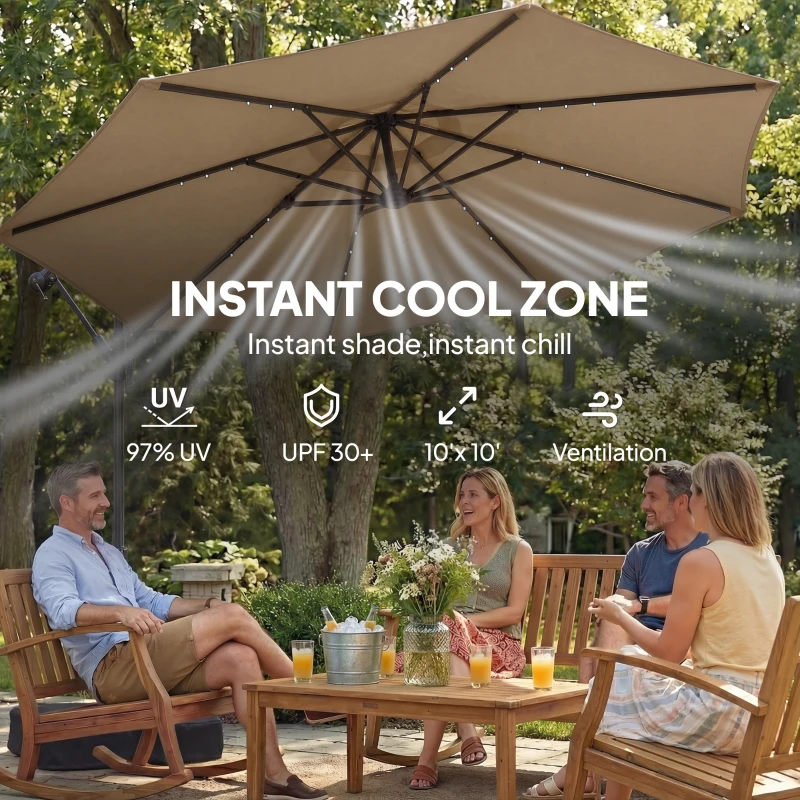 Outsunny 10 ft Cantilever Patio Umbrella with Light, Weight, Offset Hanging Outdoor Umbrella with Protective Cover, Tan