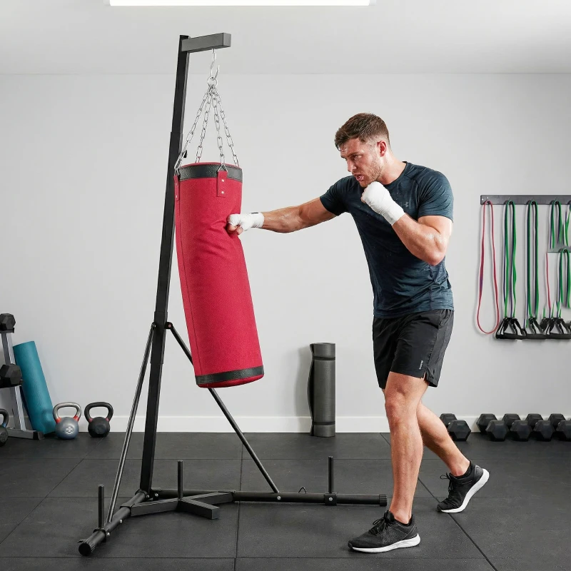 Soozier Punching Bag with Stand for Adults, 72.8"-90.9" Height Adjustable Freestanding Boxing Stand with Canvas Sandbag, Red
