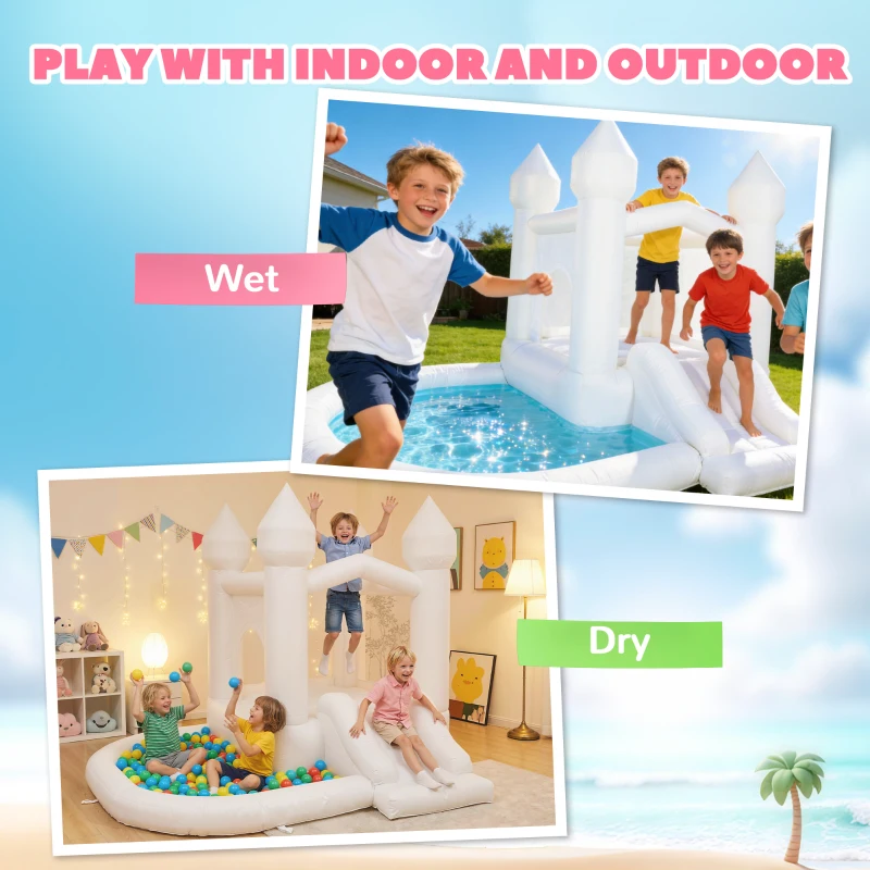 Qaba Inflatable Bounce House, 3-in-1 White Castle Bouncy House with Slide, Ball Pit and 370W Blower for Kids Ages 3-8, White