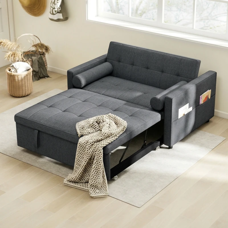 HOMCOM Pull Out Sofa Bed, Sleeper Sofa Couch with USB Ports, Small Linen Loveseat Futon Couch for Living Room, Dark Grey