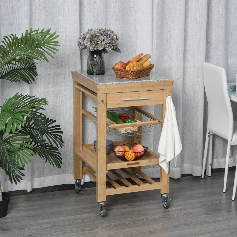 HOMCOM Bamboo Rolling Kitchen Island on Wheels Storage Cart with Granite Top, a Slide-Out Basket & Wine Storage Rack