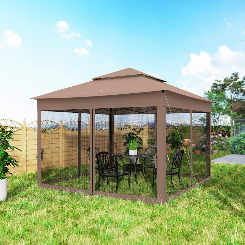 Outsunny Outdoor Patio Pop Up Canopy Gazebo Shelter with Zipper Netting, Carry Bag, 11' x 11', Brown