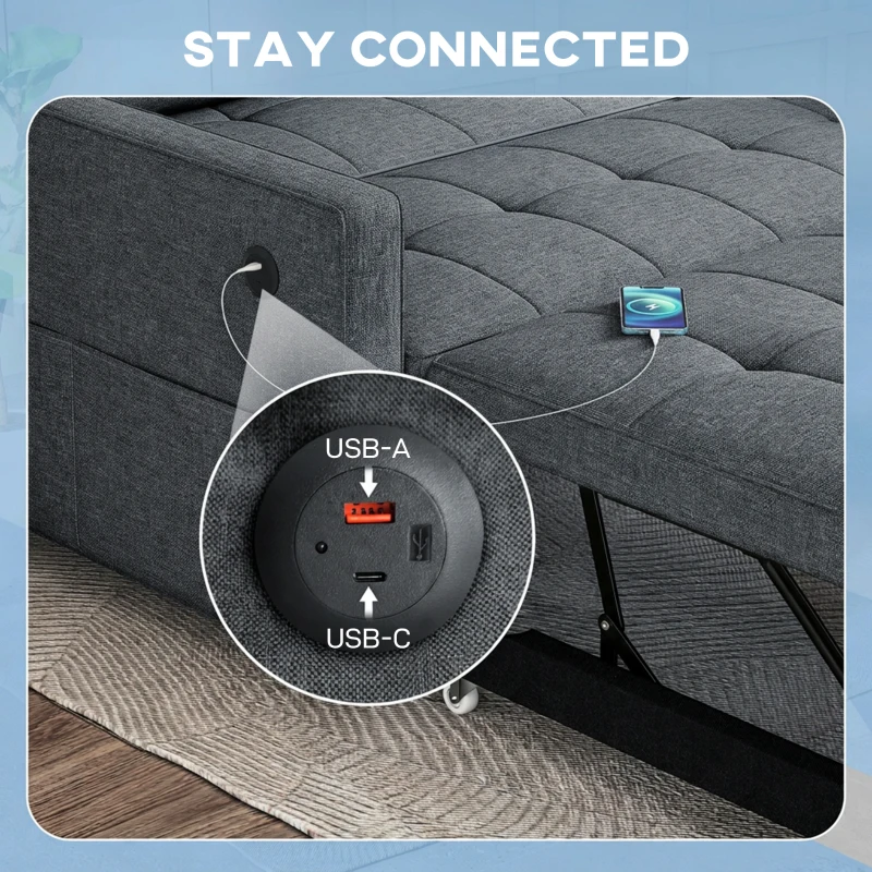 HOMCOM Pull Out Sofa Bed, Sleeper Sofa Couch with USB Ports, Small Linen Loveseat Futon Couch for Living Room, Dark Grey