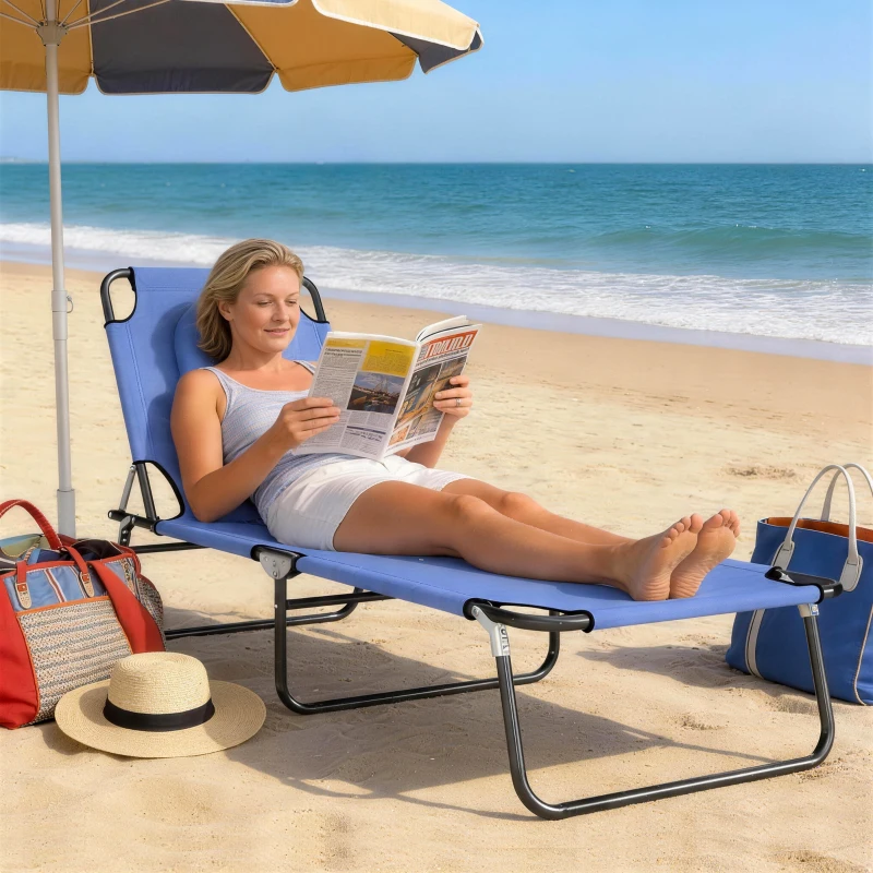 Outsunny Folding Chaise Lounge Chair, Reclining Beach Tanning Chair with Face Hole, Pillow, 4-Position Adjustable Lay Flat Sun Lounger, Steel Frame for Outdoor Patio Pool, Blue