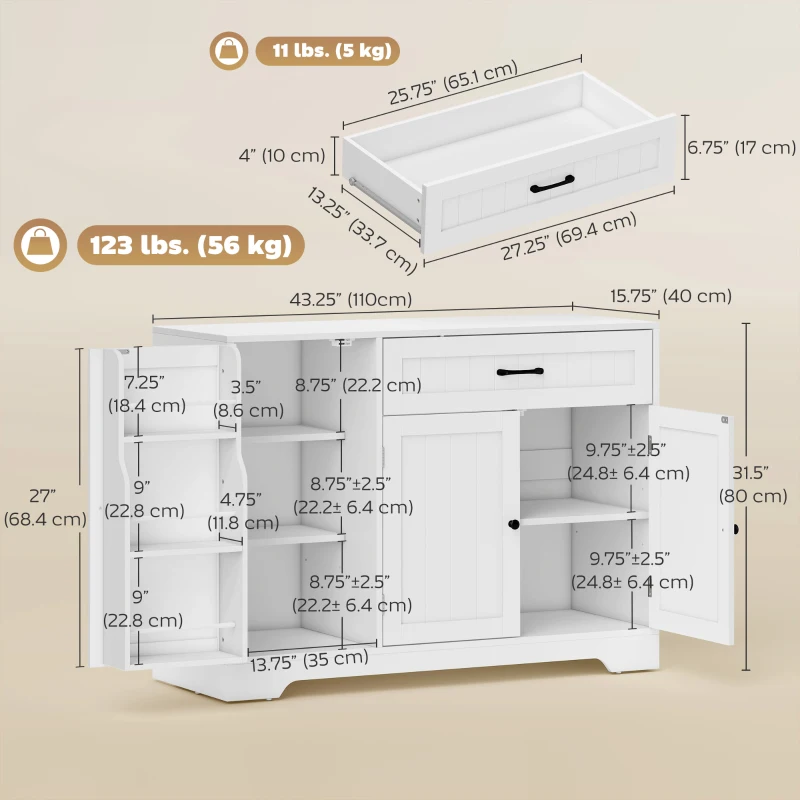 HOMCOM 44" Modern Kitchen Storage Cabinet with Drawer, Adjustable Shelves, Small Kitchen Pantry with Door Racks, White