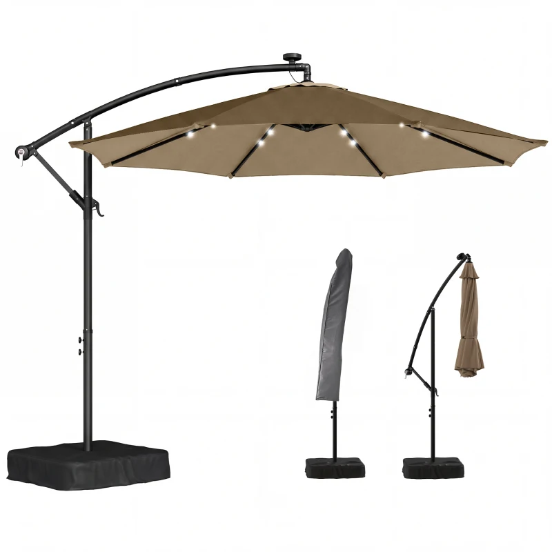 Outsunny 10 ft Cantilever Patio Umbrella with Light, Weight, Offset Hanging Outdoor Umbrella with Protective Cover, Tan