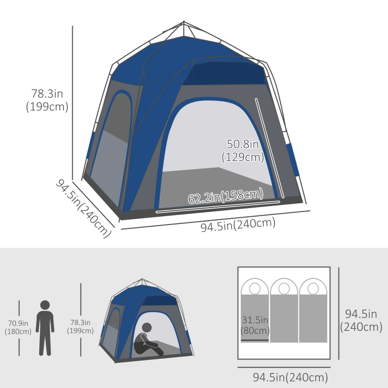 Outsunny Instant Automatic Camping Tent w/ 4 Doors and 4 Windows, Outdoor Easy Pop Up Tent, Portable Backpacking Dome Shelter, 3 Person, Grey