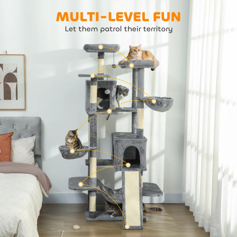PawHut 69" Cat Tree, Multi-Level Cat Tower with 2 Condos and 3 Hammocks, 8 Scratching Posts, for Multiple Cats, Dark Gray