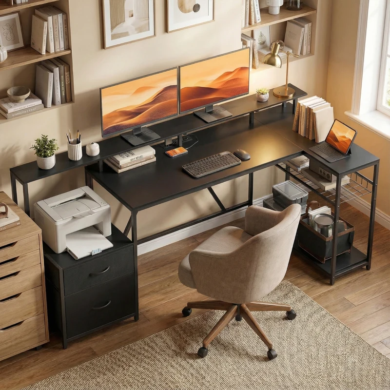 HOMCOM 76" Gaming Desk, Reversible Computer Table with RGB Lights, USB Ports, Monitor Stand and 2 Fabric Drawers, Black