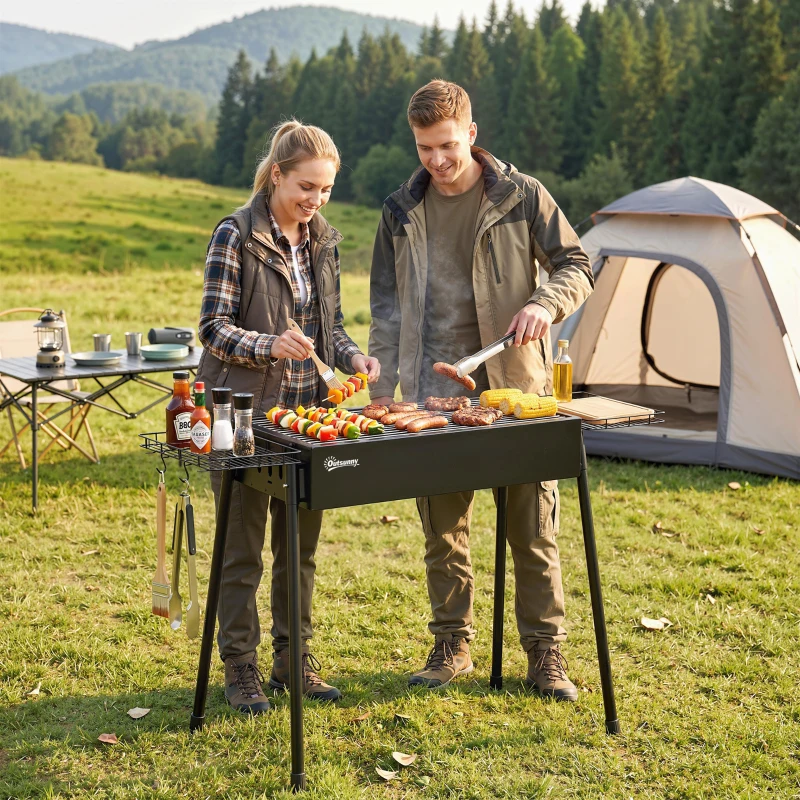 Outsunny Portable BBQ Grill, Charcoal Grill with Side Seasoning Baskets, Hooks and Nets for Outdoor, Picnic, Camping, Black