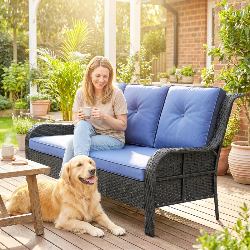 Outsunny Wicker Patio Sofa with Cushions, 3 Seater Rattan Outdoor Couch for Patio, Garden, Porch, Backyard, Deep Blue