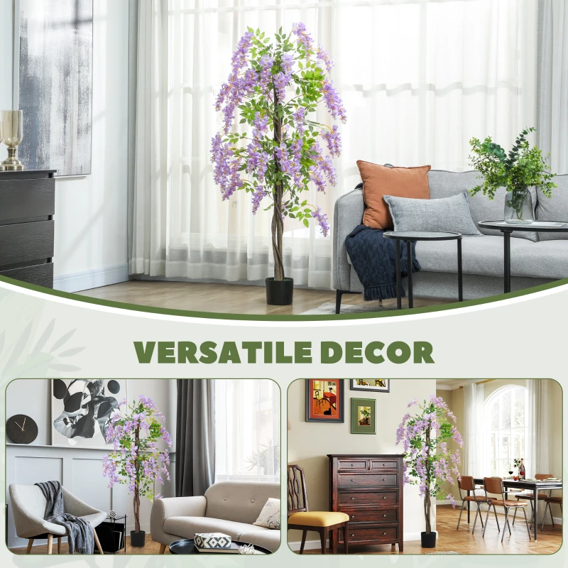 HOMCOM 5.9FT Fake Wisteria Tree with Natural Wood Trunk, Artificial Plant in Nursery Pot, Greenery Tall Faux Floor Plant Purple