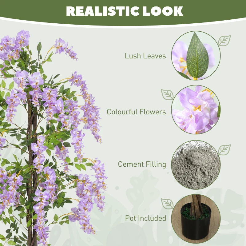 HOMCOM 5.9FT Fake Wisteria Tree with Natural Wood Trunk, Artificial Plant in Nursery Pot, Greenery Tall Faux Floor Plant Purple