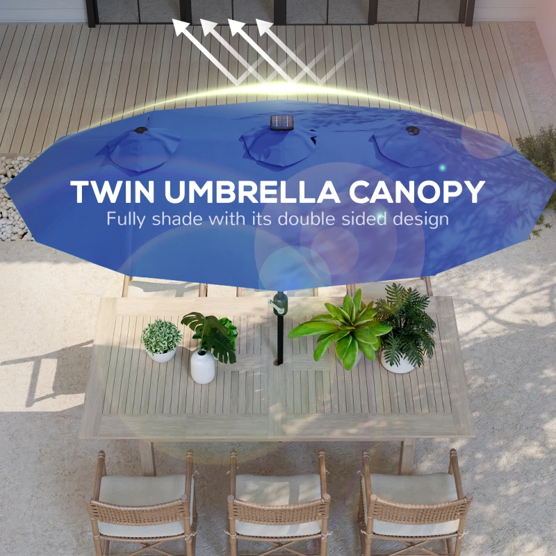 Outsunny Double-sided Patio Umbrella, 9.7' Outdoor Umbrella with Tilt and Crank, LED Solar Light and 12 Ribs, Navy Blue