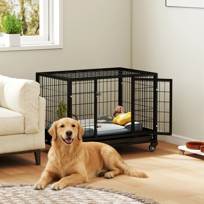 PawHut 36" Heavy Duty Dog Crate with Removable Tray, Lockable Wheels and Double Door, for Medium and Large Dogs, Black