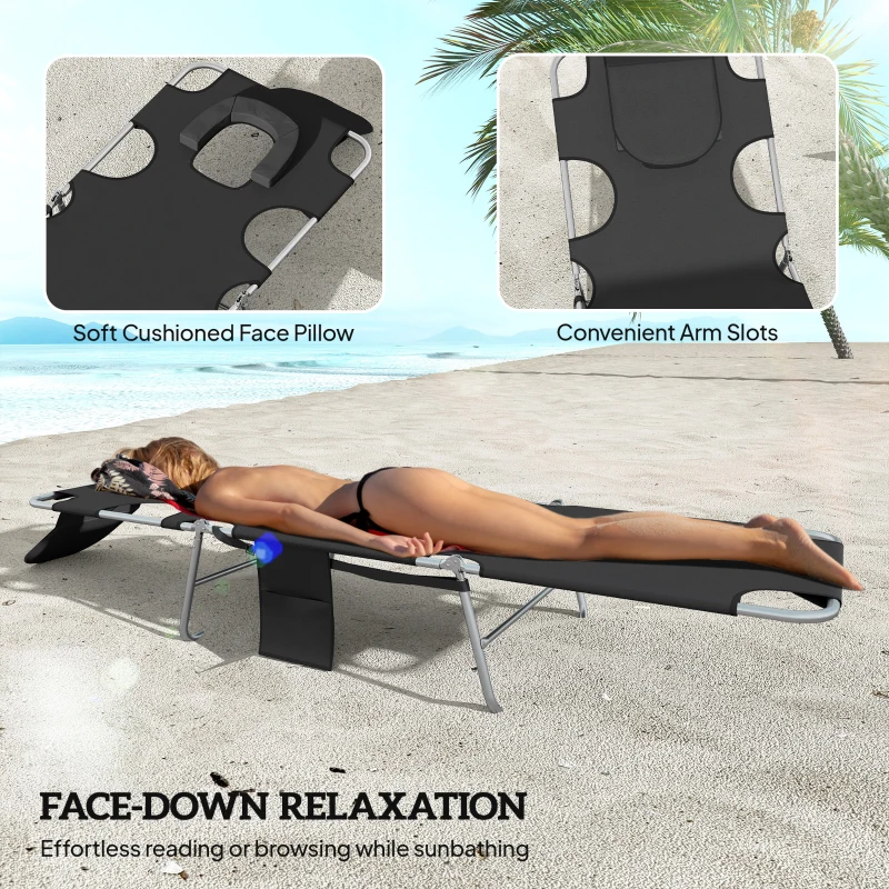 Outsunny 2 Tanning Chairs with Face Hole, 5-Level Adjustable Outdoor Chaise Lounge Chair with Pillow for Beach, Pool, Black