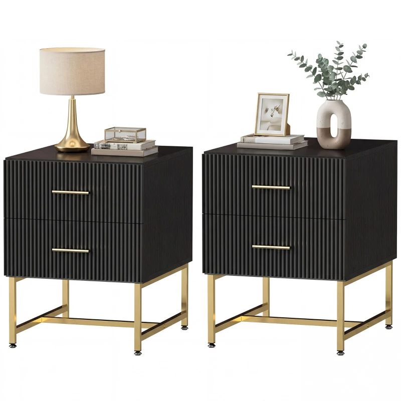 HOMCOM 2 Pieces Nightstands with Storage, Modern Bedside Tables with 2 Fluted Drawers and Gold Legs for Bedroom, Black