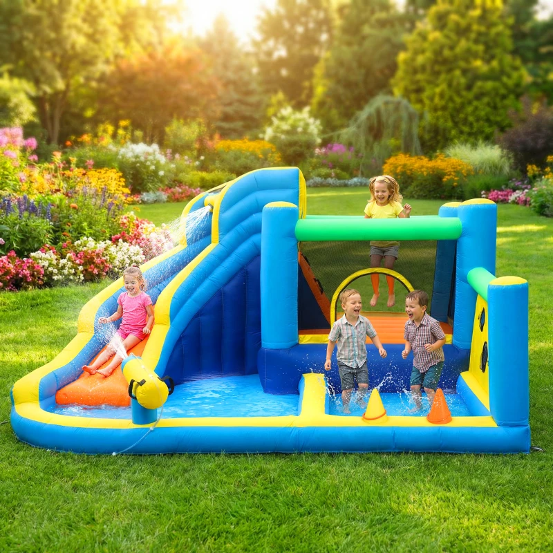 Qaba Bouncy Castle for Kids, Inflatable Bounce House with Slide, Pool (Ball Pit), Ball Shooting and Blower for Indoor Outdoor