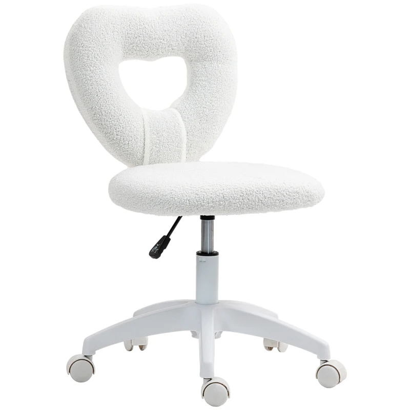 HOMCOM Armless Computer Desk Chair, Office Task Chair, Teddy Fleece Heart Makeup Vanity Chair with Swivel Wheels, White