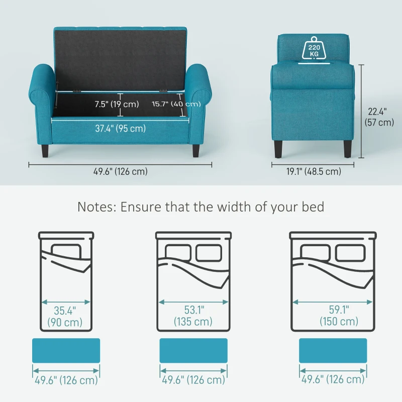 HOMCOM 50 Inches Storage Ottoman, Upholstered Bedroom Bench with Rolled Arms and Button Tufted Storage, Teal