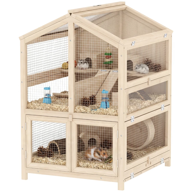 PawHut Wooden Hamster Cage, Large 3 Tier Hamster Cage w/ Pull-Out Tray, Openable Top, Hut, Seesaws, 26.8"L x 24.2"W x 35.4"H