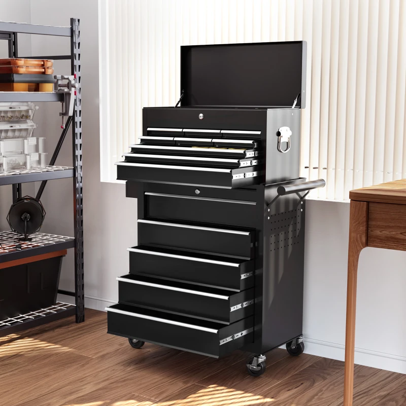 HOMCOM 14 Drawer Rolling Tool Chest, Lockable Tool Storage Cabinet with Detachable Top Toolbox, Protective Liner, Black