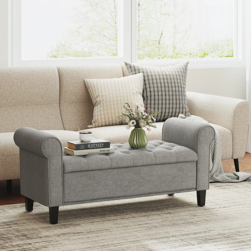HOMCOM 50 Inches Storage Ottoman, Upholstered Bedroom Bench with Rolled Arms and Button Tufted Storage, Light Grey