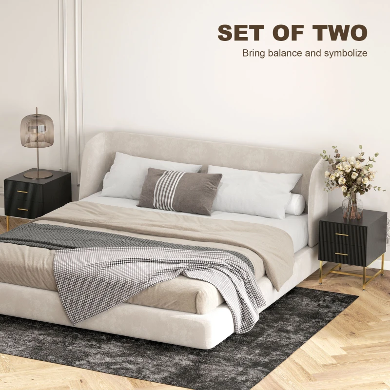 HOMCOM 2 Pieces Nightstands with Storage, Modern Bedside Tables with 2 Fluted Drawers and Gold Legs for Bedroom, Black