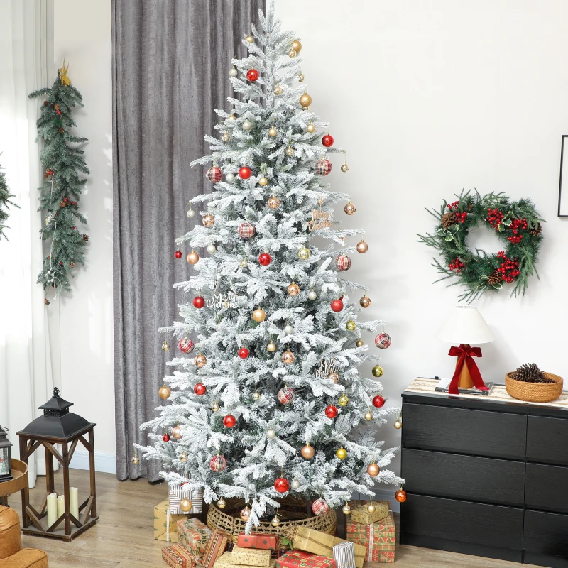 HOMCOM 9 ft Artificial Frosted Christmas Tree with Realistic Branches, Wide Full Spruce, Hinged Xmas Tree, Easy Assembly