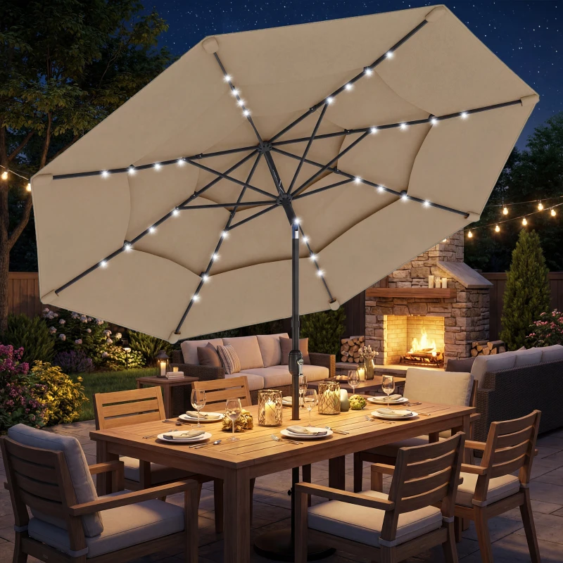 Outsunny 9.7 ft Outdoor Patio Umbrella with Solar LED Lights, 3 Tier Outdoor Table Umbrella with Tilt, Crank, Khaki