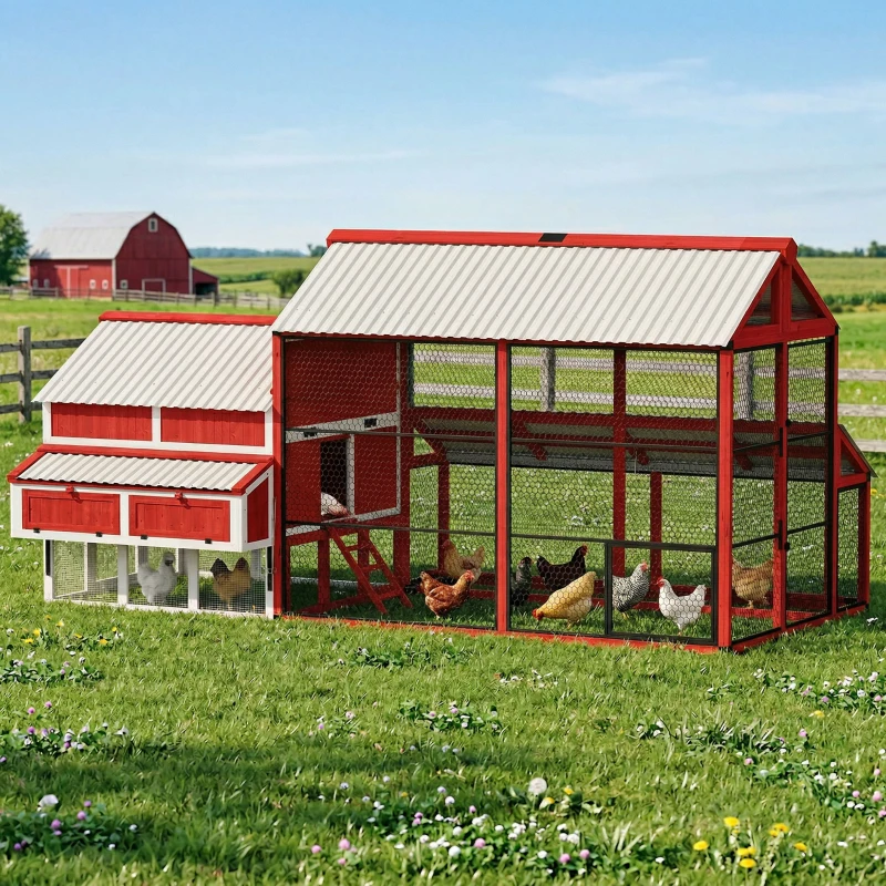 PawHut 187.3" Large Chicken Coop, Walk-in Wooden Hen House, Outdoor Poultry Cage with Run, Weatherproof Roof, Nesting Box