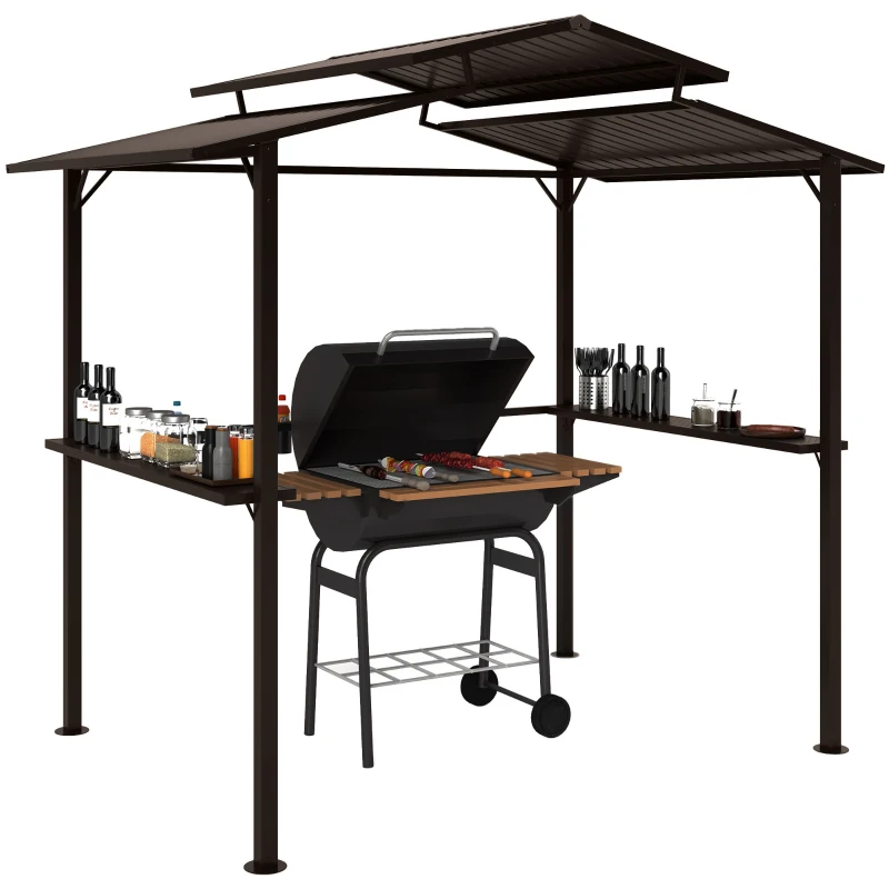 Outsunny 8 x 5ft Hardtop Grill Gazebo with Double Metal Roof, 2 Side Shelves and 4 Cup Holders for Patio Backyard Lawn Deck