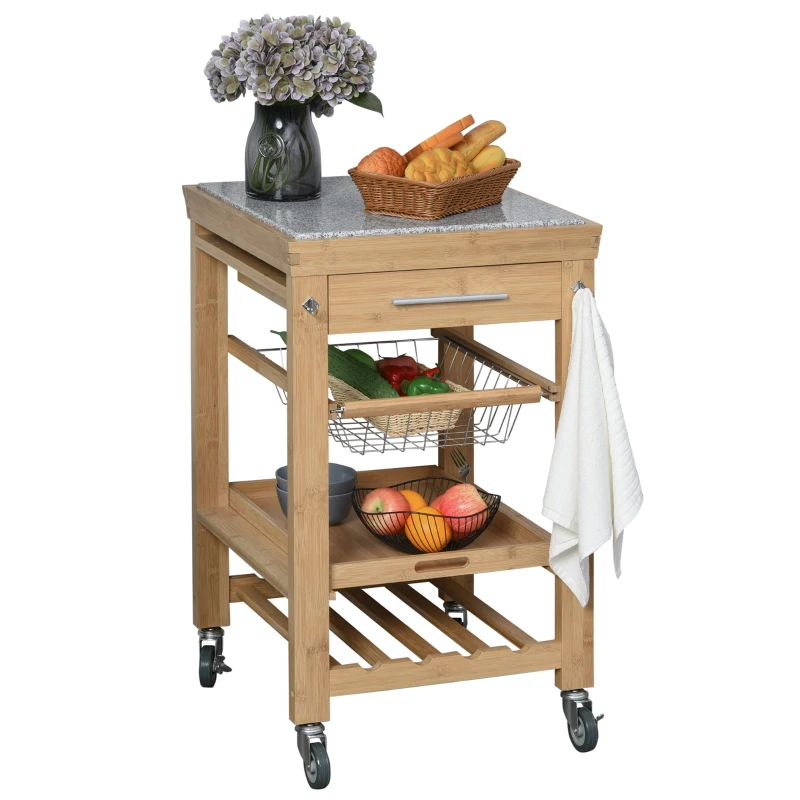 HOMCOM Bamboo Rolling Kitchen Island on Wheels Storage Cart with Granite Top, a Slide-Out Basket & Wine Storage Rack