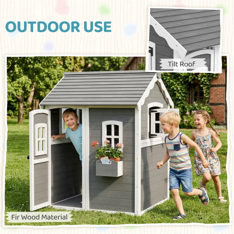 Outsunny Outdoor Wooden Playhouse for Kids with Floor, Door, Windows, Planter Box for 3-8 Years Old, Backyard, Lawn, Garden