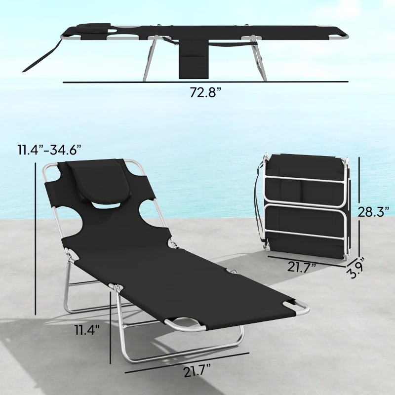 Outsunny 2 Tanning Chairs with Face Hole, 5-Level Adjustable Outdoor Chaise Lounge Chair with Pillow for Beach, Pool, Black