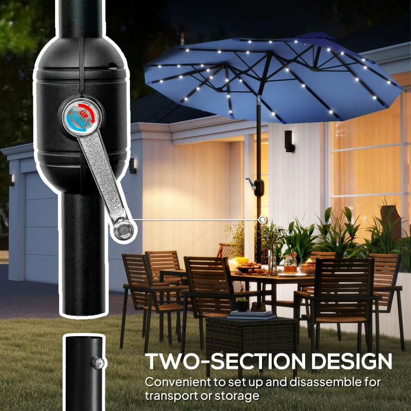 Outsunny Double-sided Patio Umbrella, 9.7' Outdoor Umbrella with Tilt and Crank, LED Solar Light and 12 Ribs, Navy Blue