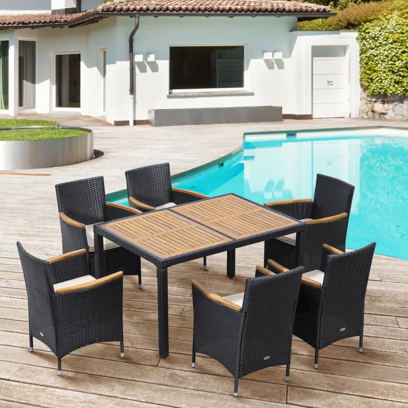 Outsunny 7 Pieces Outdoor Dining Set for 6, PE Wicker Rattan Patio Furniture Set with High-Back Armchairs, Glass Table Top