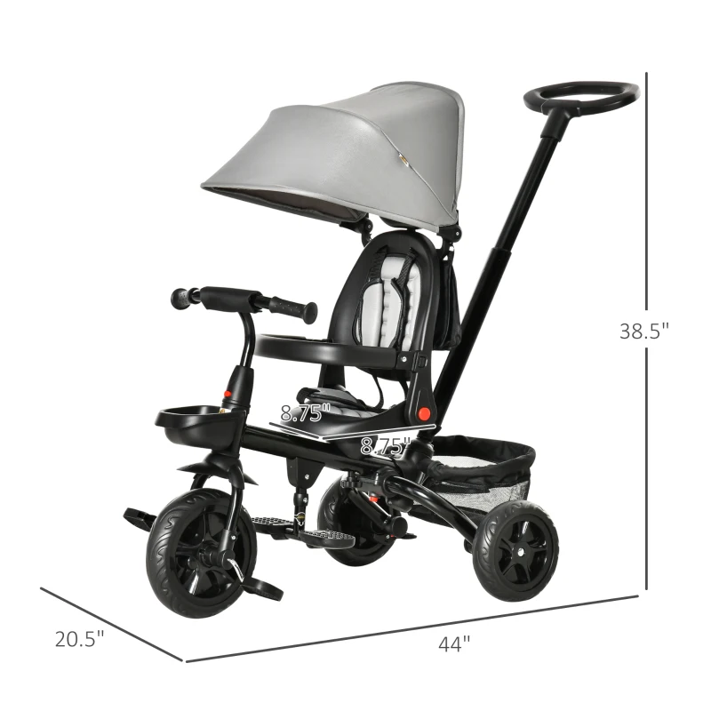 Qaba Kids Tricycle, 4 in 1 Foldable Trike with Reversible Seat, Adjustable Parent Handle, Safety Harness, Wheel Brakes, Removable Canopy, Storage, Tricycle for Toddlers 1-5 Years, Gray