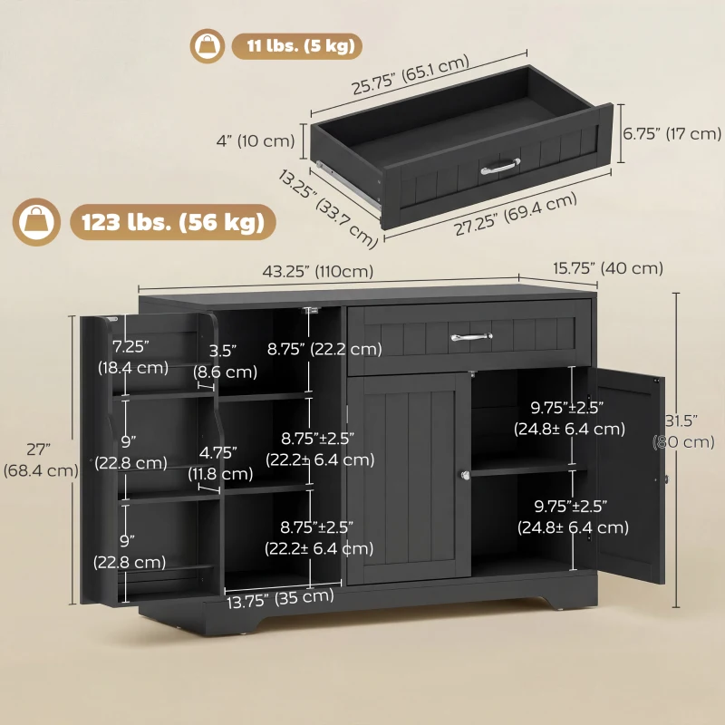 HOMCOM 44" Modern Kitchen Storage Cabinet with Drawer, Adjustable Shelves, Small Kitchen Pantry with Door Racks, Black
