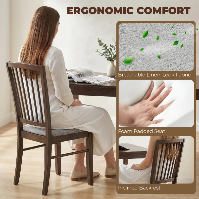 HOMCOM Dining Chairs Upholstered Kitchen Chairs with Rubberwood Legs Set of 2, Burn Brown