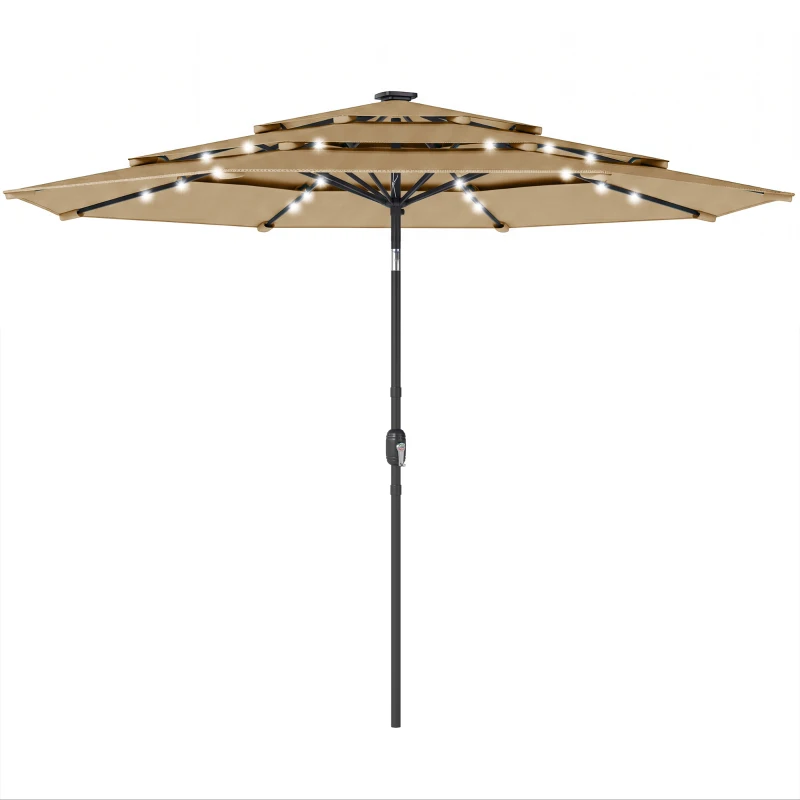 Outsunny 9.7 ft Outdoor Patio Umbrella with Solar LED Lights, 3 Tier Outdoor Table Umbrella with Tilt, Crank, Khaki