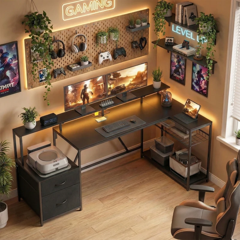 HOMCOM 76" Gaming Desk, Reversible Computer Table with RGB Lights, USB Ports, Monitor Stand and 2 Fabric Drawers, Black