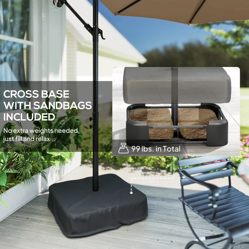 Outsunny 10 ft Cantilever Patio Umbrella with Light, Weight, Offset Hanging Outdoor Umbrella with Protective Cover, Tan