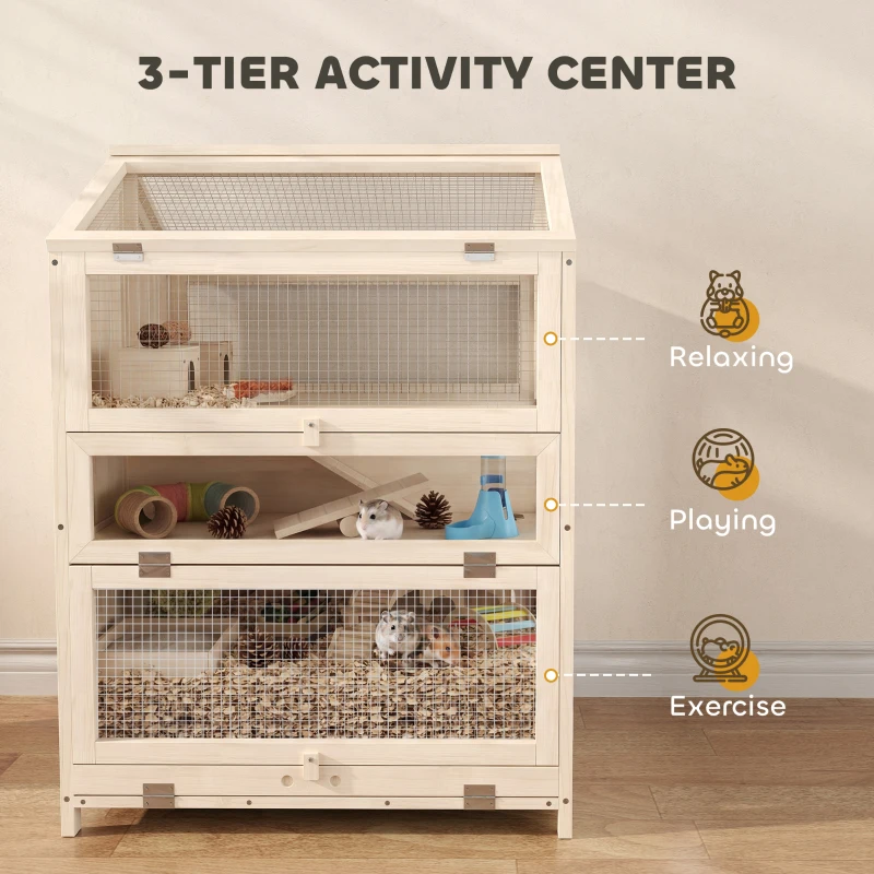 PawHut Wooden Hamster Cage, Large 3 Tier Hamster Cage w/ Pull-Out Tray, Openable Top, Hut, Seesaws, 26.8"L x 24.2"W x 35.4"H