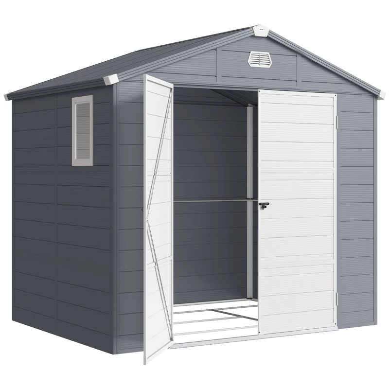 Outsunny 8' x 6' Plastic Garden Storage Shed with Latch Door, Vents, Sloped Roof, Dark Grey