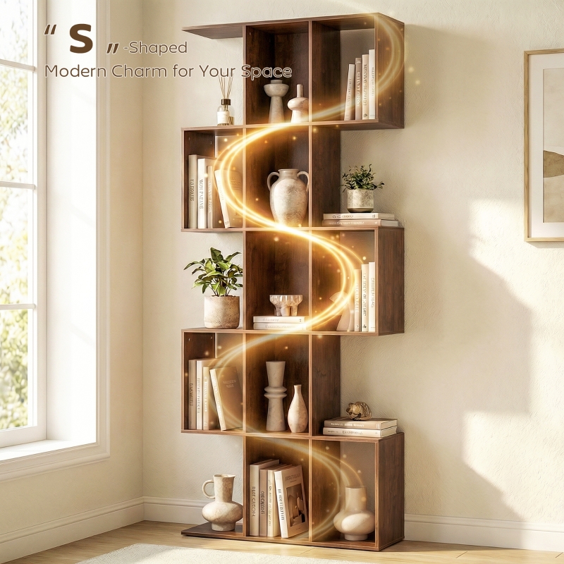 HOMCOM 5-Tier Bookshelf, S Shaped Geometric Bookcase with 15 Compartments, Black Wood Grain