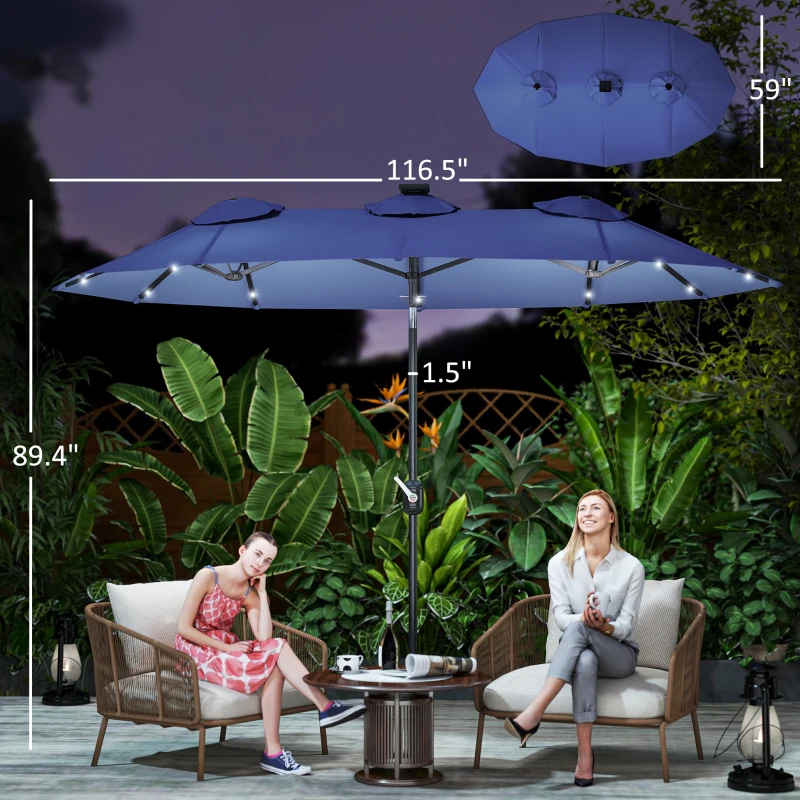 Outsunny Double-sided Patio Umbrella, 9.7' Outdoor Umbrella with Tilt and Crank, LED Solar Light and 12 Ribs, Navy Blue