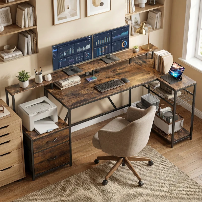HOMCOM 76" Gaming Desk, Computer Table with RGB Lights, USB Ports, Monitor Stand and 2 Fabric Drawers, Rustic Brown